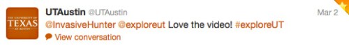 UTAustin replies to InvasiveHunter tweet during Explore UT