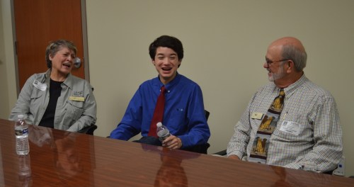 Ms. Joyce Dalley, Commander Ben, and Dr. John Pruett in the "Green room" before Ben's invasive species presentation at Rockdale Intermediate School