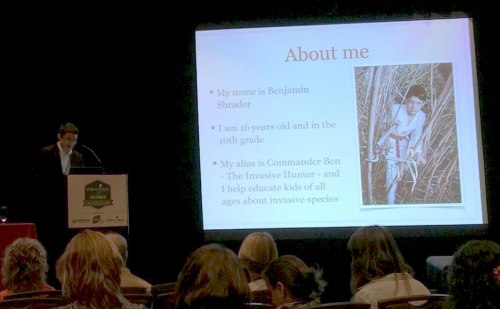 One of my Adventures with Invasive Species slides where I talk about the origin of Commander Ben at the 2015 Children and Nature Conference