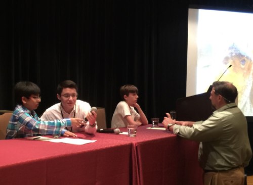 Sahil Shah, Benjamin Shrader, and Andy Kuhlken preparing for the Kid Talk at the 2015 Children and Nature Conference with Mr. Trevor Hance